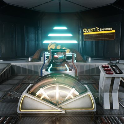 Bild aus einem Computerspiel, auf dem technische Geräte zu sehen sind. Auf einem Text steht übersetzt: "Aufgabe 1: Batterien"