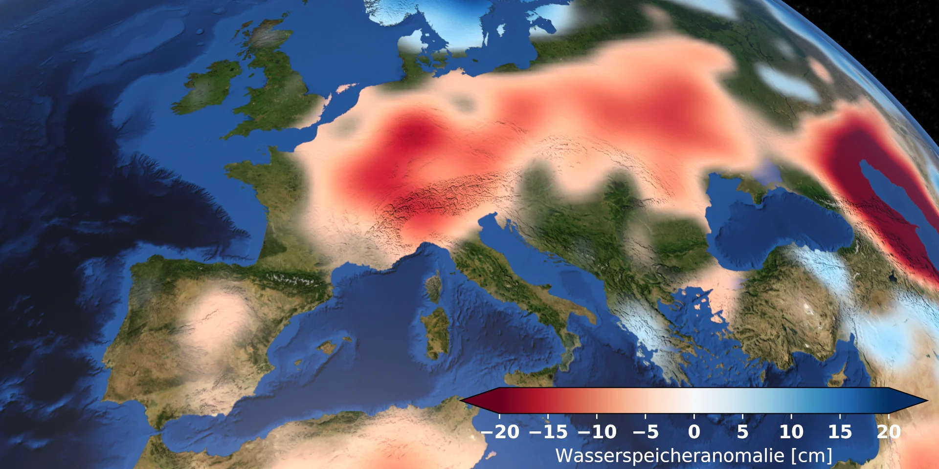 Schon im Jahr 2019 war der Grundwasserstand in Zentraleuropa sehr niedrig. Bildquelle: Kvas - TU Graz Ein computergeneriertes Satellitenbild von Europa, auf dem zur Darstellung von fehlendem Grundwasser zahlreiche Bereiche rot gefärbt sind.