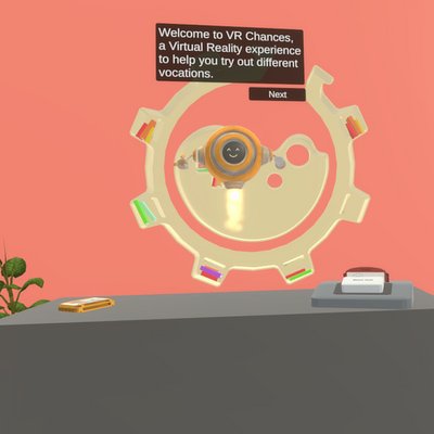Screenshot from a computer-generated room with a selection wheel in the centre.