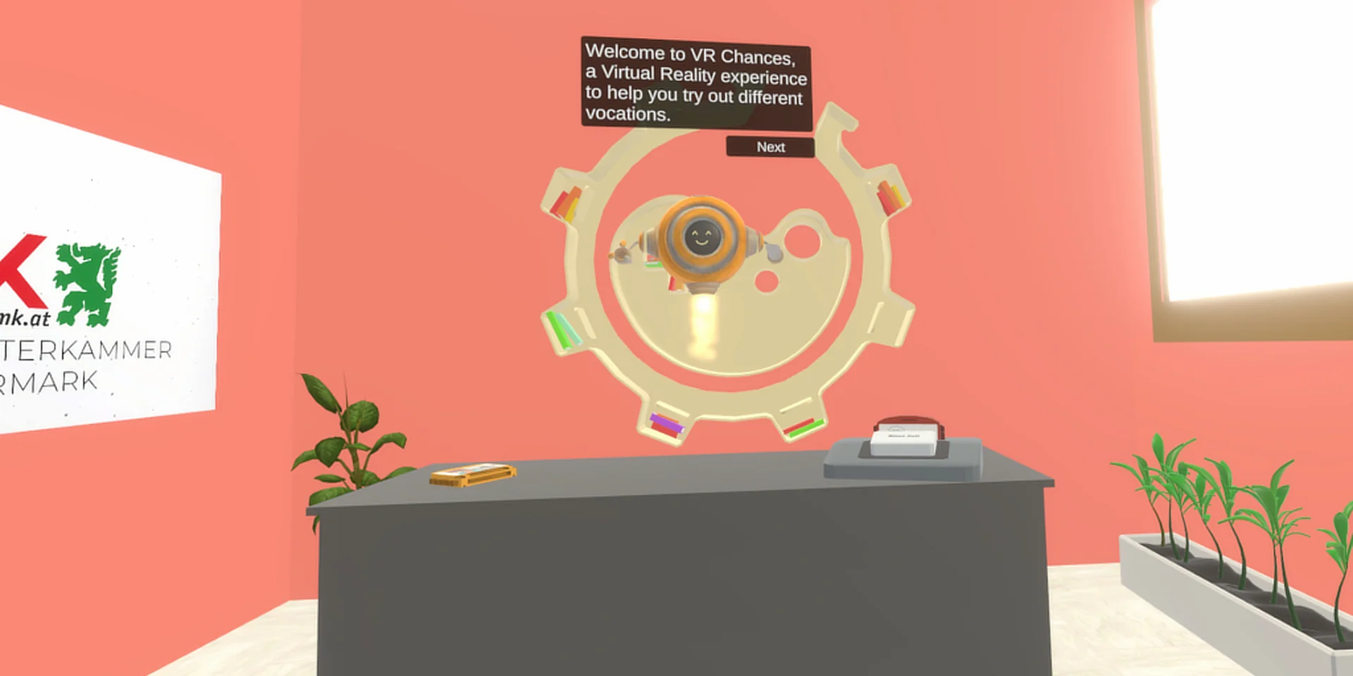 VRChances lässt die User*innen verschiedene Berufsbilder ausprobieren. Bildquelle: HCC - TU Graz Screenshot aus einem computergenerierten Raum mit einem Auswahlrad in der Mitte.