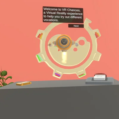 Screenshot aus einem computergenerierten Raum mit einem Auswahlrad in der Mitte.