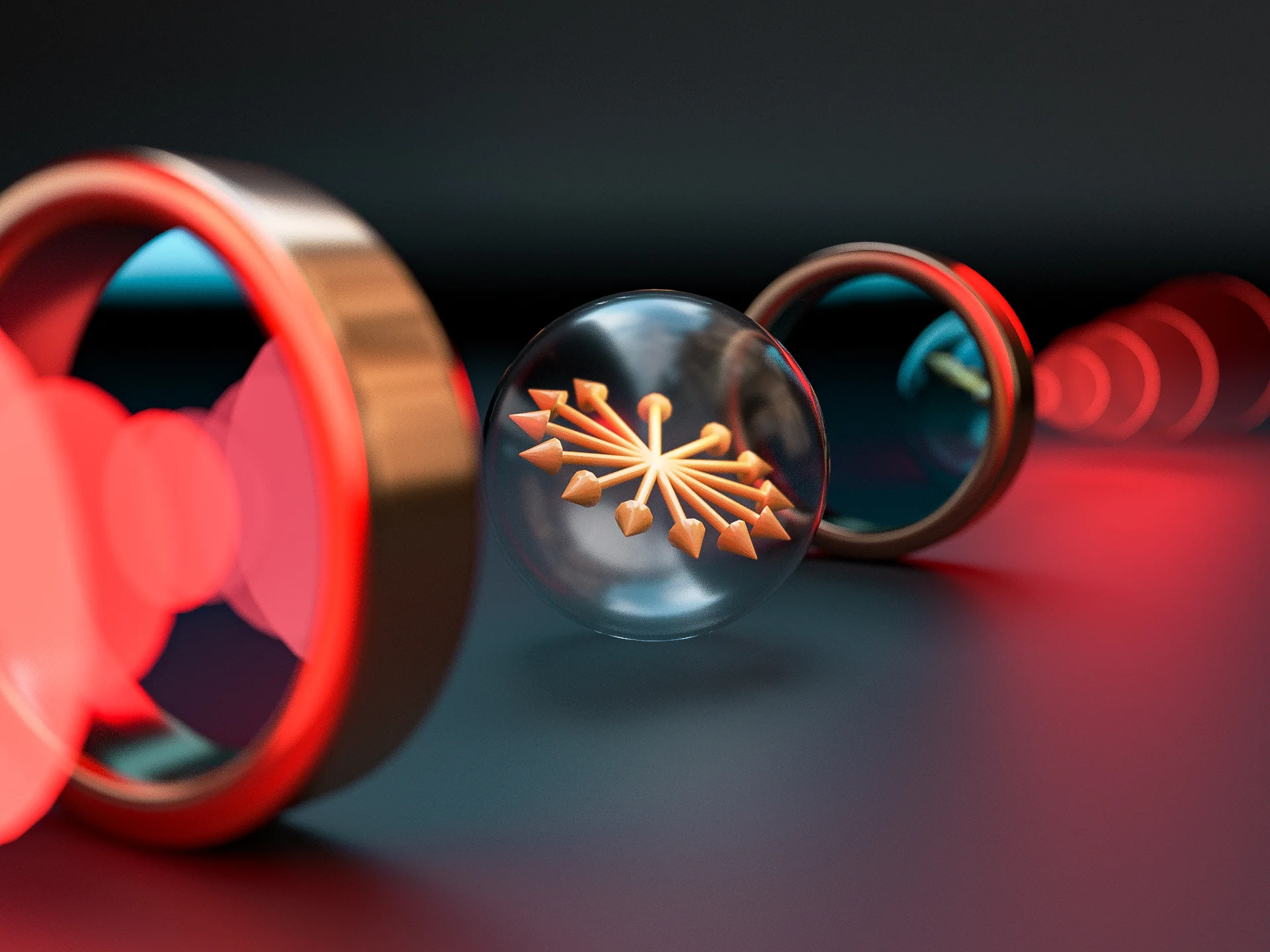 Neuer Spin-Echo-Effekt Digitale Darstellung eines Phosphor-Atoms mit vielen Pfeilen innnen.
