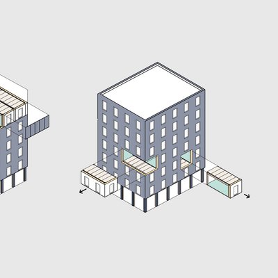 Drei nebeneinanderstehende Computergrafiken eines Hochhauses, das aus Modulen zusammengesetzt wird.