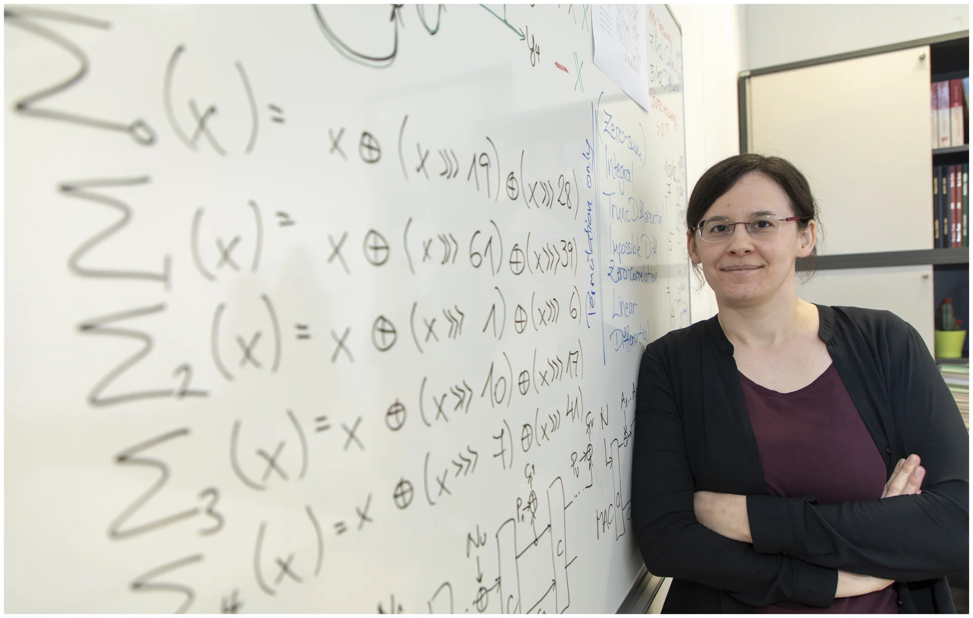 Lächelnde Frau lehnt an Tafel mit mathematischen Symbolen.
