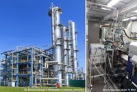 Linkes Bild: Die Bioethanolanlage in Pischelsdorf vor blauem Himmel. Rechtes Bild: Motorenprüfstand mit zahlreichen Messgeräten und Kabeln.