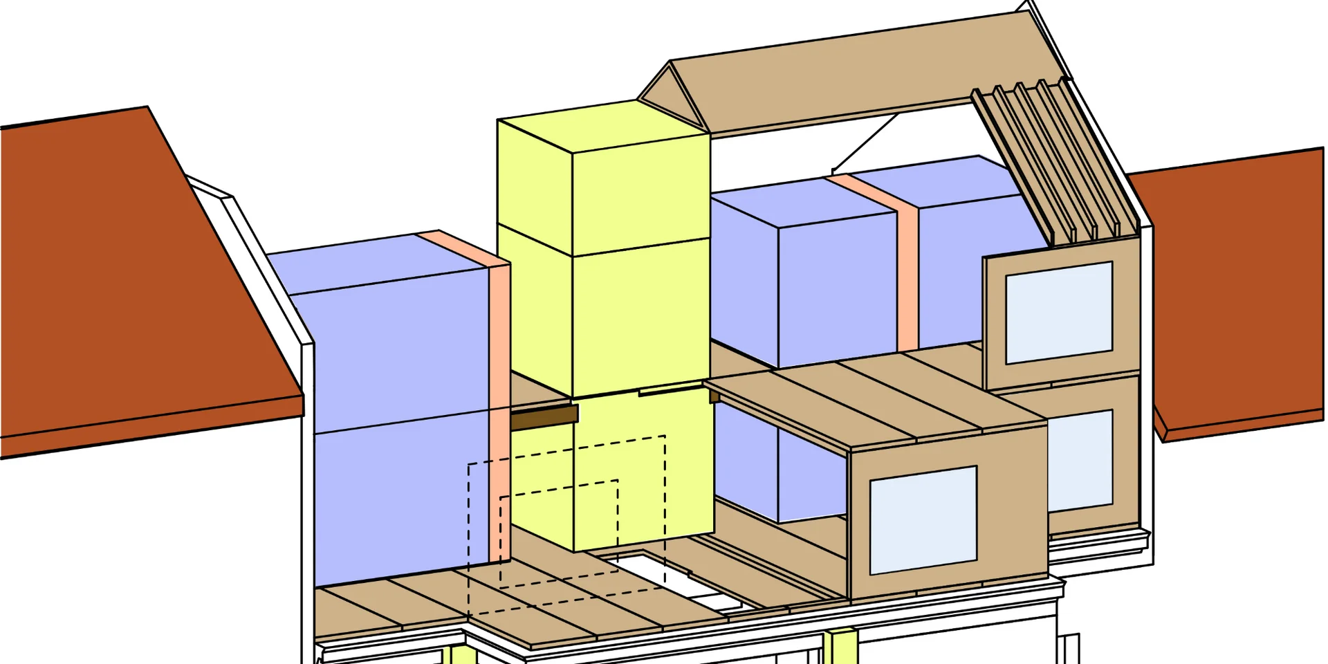 Module und Faltwerkträger zur Aufstockung des Gebäudes. Bildquelle: holz.bau forschungs GmbH Computergrafik eines Haus-Dachgeschoßes, das mit Modulen aufgestockt worden ist.