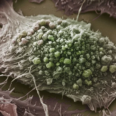 An image of a lung cancer cell as seen under a scanning electron microscope.