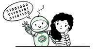 Grafische Darstellung eines Roboters und eines Mädchens. Über dem Roboter stehen viele Nuller und Einser.