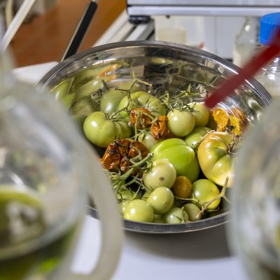 Eine Schüssel mit Tomaten, davor angedeutet Glasbehälter mit Flüssigkeiten.