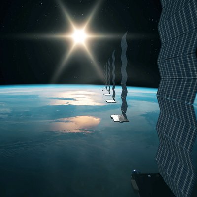 Mehrere Satelliten fliegen im Orbit um die Erde auf die untergehende Sonne zu.