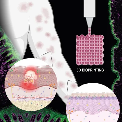 Grafische Darstellung von einem Arm; eine Pipette die ein Quadrat aufträgt und zwei Kreise, die Hautschichten zeigen.
