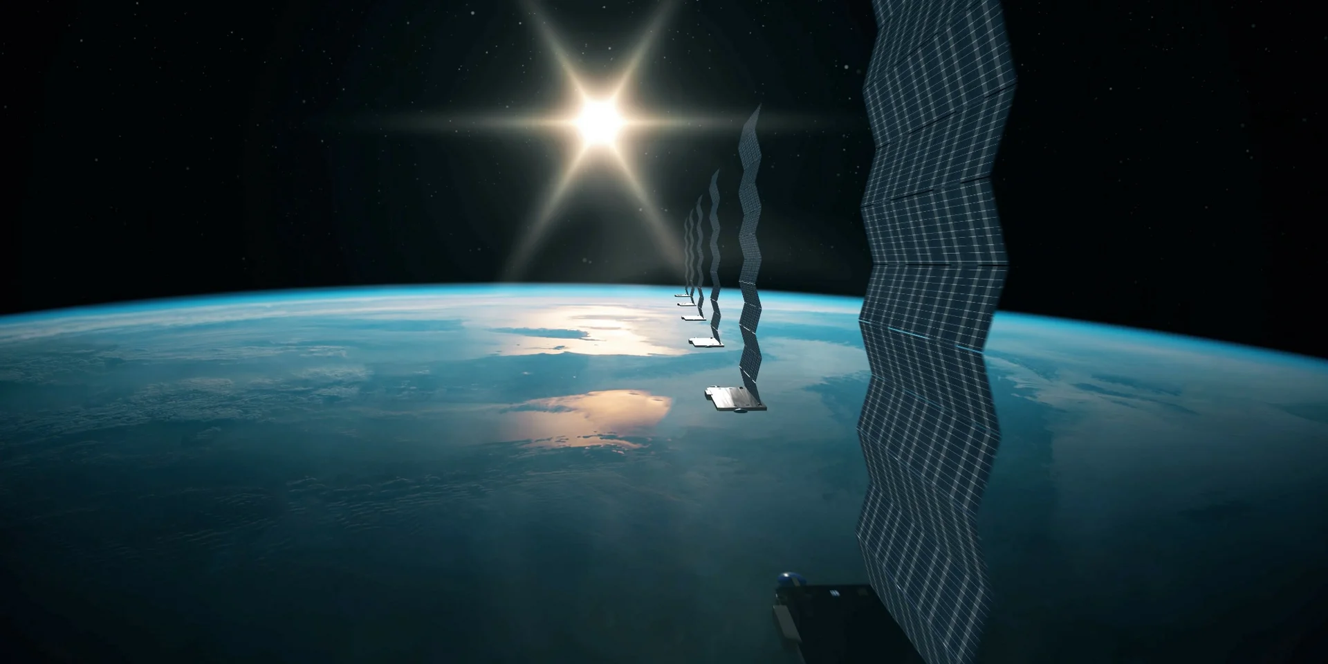Kommunikationssatelliten wie jene von Starlink sind nun auch für die Erdbeobachtung nutzbar. Bildquelle: Ahmad - Adobe Stock Mehrere Satelliten fliegen im Orbit um die Erde auf die untergehende Sonne zu.