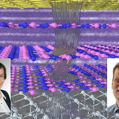 Bahnen von Elektronen, die durch mehrere Lagen von Atomen zu einem Goldkontakt gelangen.