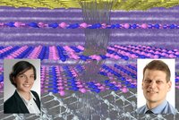 Bahnen von Elektronen, die durch mehrere Lagen von Atomen zu einem Goldkontakt gelangen.