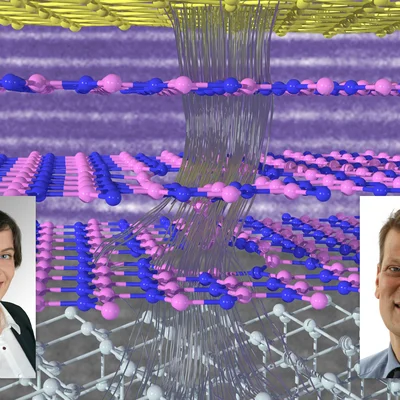 Bahnen von Elektronen, die durch mehrere Lagen von Atomen zu einem Goldkontakt gelangen.