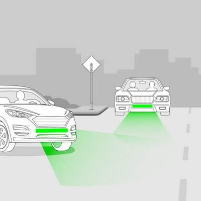 Grafik einer Straßensituation, bei der drei Autos an einer Kreuzung aufeinandertreffen. Die zwei Autos, die von vorne zu sehen sind, haben vorne grüne Bremslichter.
