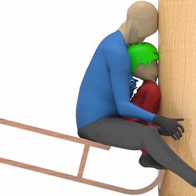 Computersimulation eines Rodelcrashes: Am Schlitten sitzendes Kind wird zwischen dahinter sitzenden Erwachsenen und Baum eingeklemmt