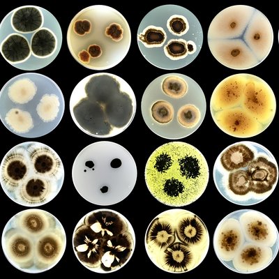 26 Aufnahmen von verschiedenen Pilzen mit einem Mikroskop.